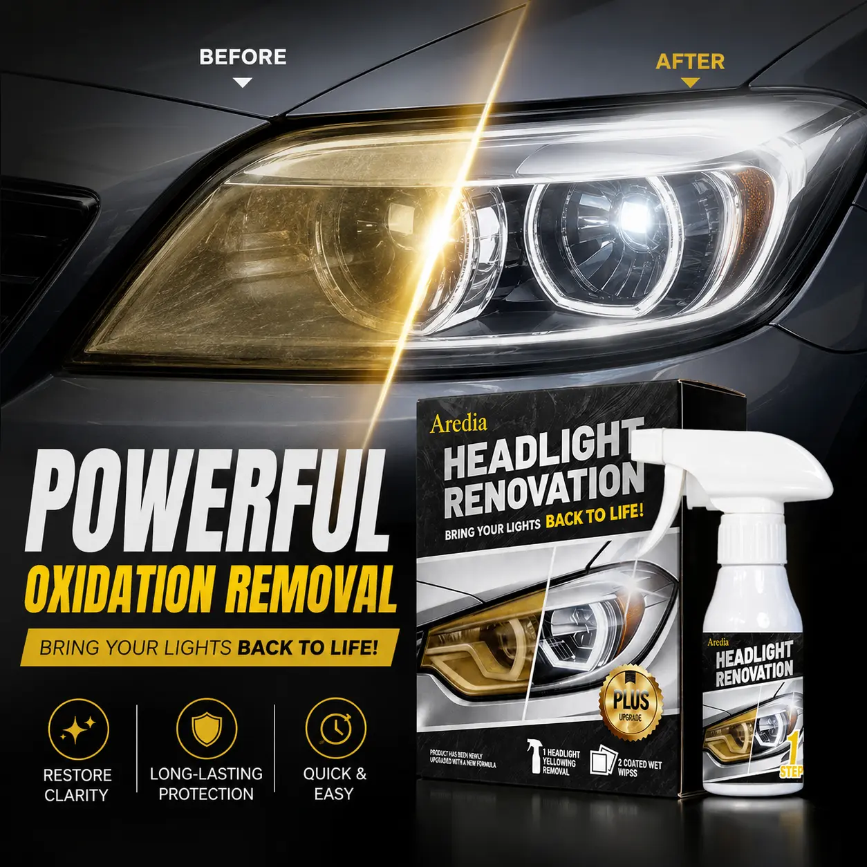 Aredia Headlight Renovation Kit — Car Detailing Products for Oxidized, Yellowed, Blurred Headlights with Enhanced Crystal-Clear Coating Restoration Function