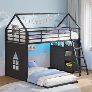 The Bunk Bed Twin Over Twin with 6 Storage Drawers and 3 Open Bins, House Bunk Bed with LED Lights, L-Shaped Low Bunk Beds with Safety Guardrail & Ladder, Metal Floor Twin Bunk Bed for Kids, Black