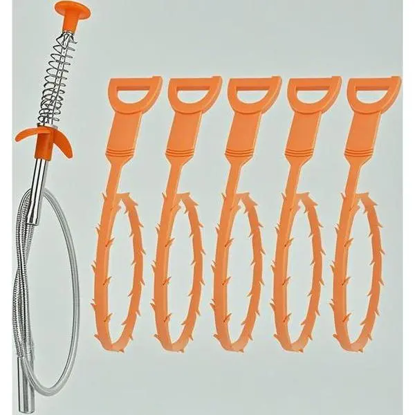 6-Piece Bathroom & Kitchen Drain Clog Remover Kit - 5 Flexible 19.7-Inch Plastic Snakes, 1 Stainless Steel Snake with Easy-Grip Handles, Reusable Home Plumbing Tool for Quick Unclogging, 5 Plastic Drain Snakes