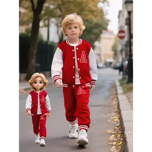 A Two-Piece Set Boys Featuring a Baseball Jacket with Long Sleeves And Matching Pants, Adorned with The Letter 'A' Print.This Stylish And Minimalist Outfit Is Suitable Boys Aged 1-8 During The And Autumn Seasons, Outdoor