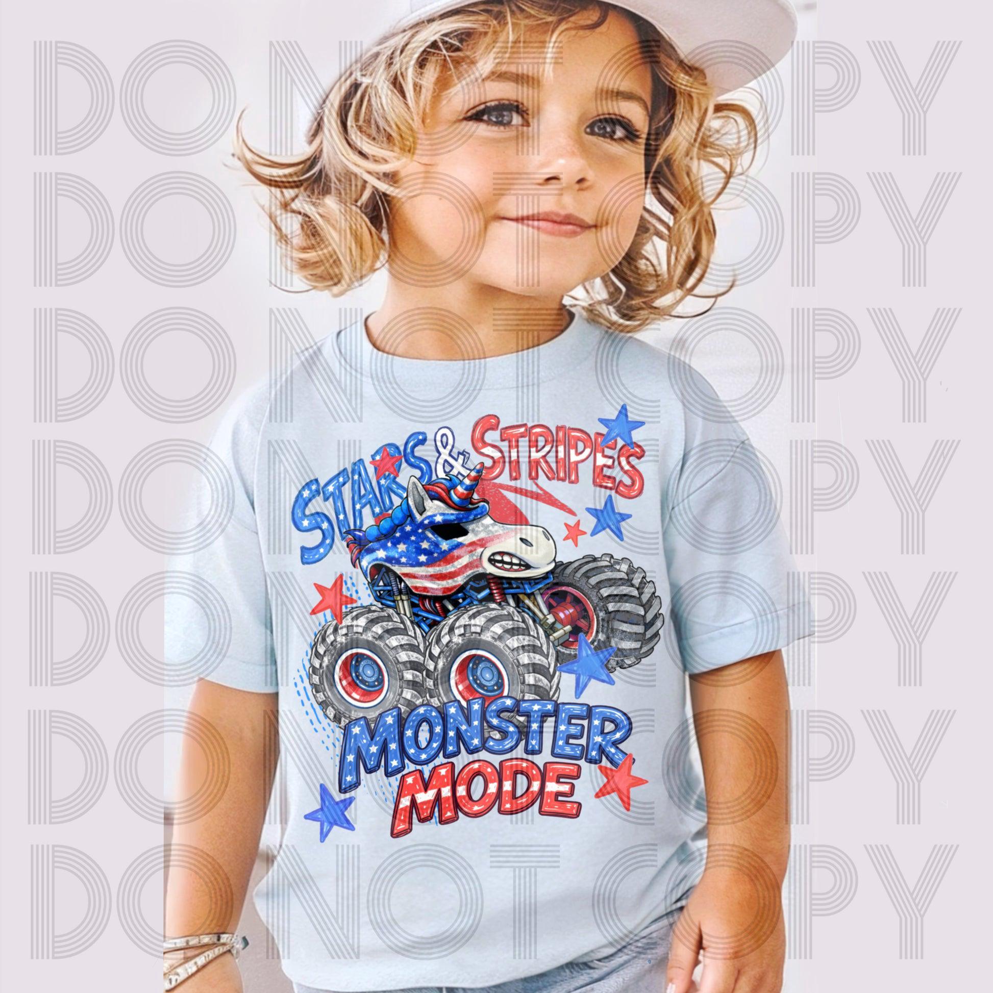 Men’s Fitted Stars & Stripes Sparkle Print T-Shirt – Patriotic Off-Road Smash Monster Mode Top, Casual 4th of July Outfit, Gift for Truck Enthusiasts, Red White and Blue Casual Tee