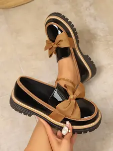 Women's Sweet Cool Academy Bow Thick Sole Flatform Loafers, Short Height Increase Spring Autumn Outerwear Small Leather Shoes Footwear