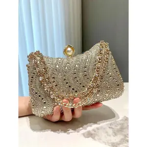 Women's Chic Rhinestone Clutch Evening Purse - Elegant Chain Strap Wristlet Handbag for Party & Special Occasions