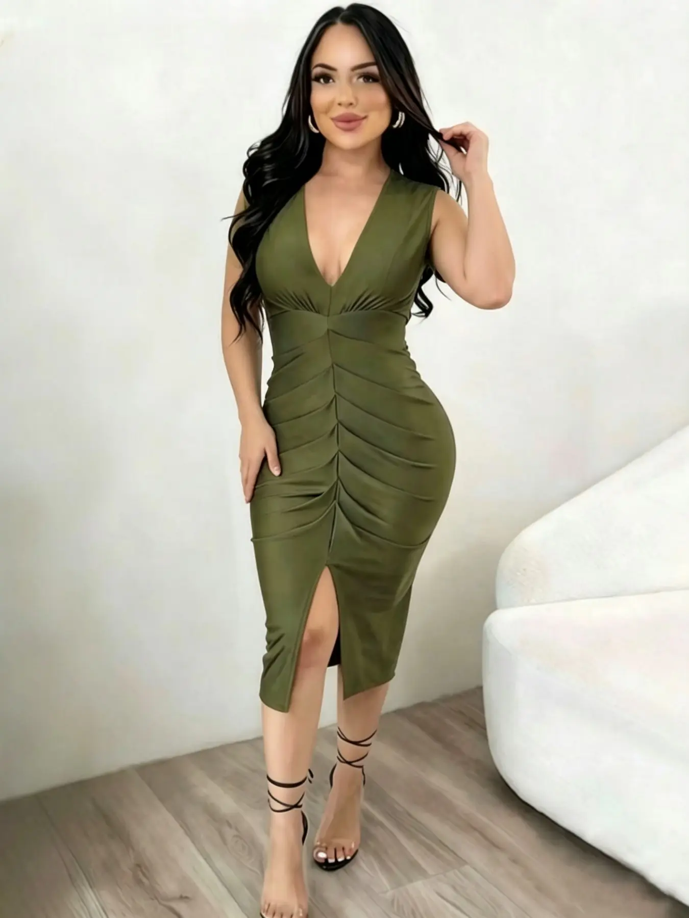 Women's Solid Color Sleeveless V-Neck Fitted Midi Dress, Front Slit Pleated Elegant Design, Perfect for Cocktail Parties, Wedding Guests, Kim Dress