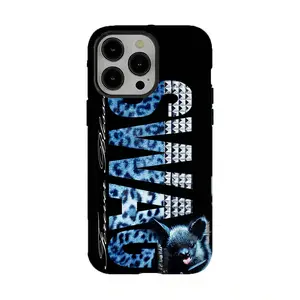 Y2K Blue Leopard Print SWAG Phone Case Blue Leopard Print with Bat & Forever Blessed Text Black Cover For iPhone 11 12 13 14 15 16 17 Pro Max For Samsung S26 S25 S24 S23 S22-Gift Ideas For Him/Her/Fans