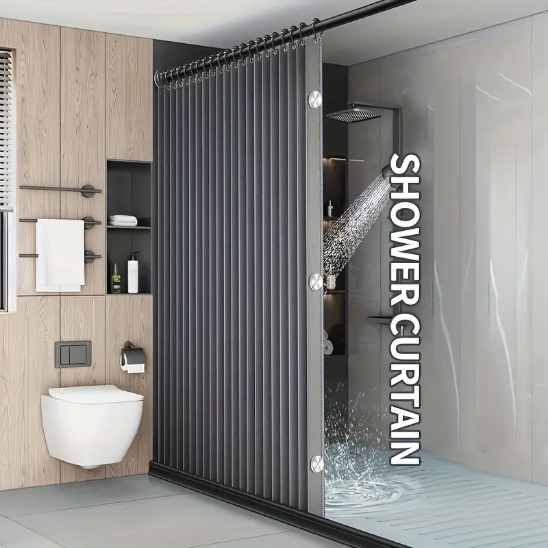 Gray Foldable Polyester Privacy Bathroom Shower Curtain Partition - Wave Folding Screen with High-Temperature Blanket, Black Grommet Hooks, Machine Wash, All-Season Plain Fabric, Sinterklaas Grey Set, High Temp