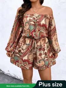 【plus Size】women's Ethnic Pattern Off Shoulder Drawstring Romper, Boho Casual Bishop Sleeve Casual Fit Jumpsuit for Summer, Beach Jumpsuit, Women's Bohemian Clothes for Daily Wear, Womenswear, Lady Floral Print Overalls, Bohemian Dungarees
