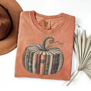 Comfort Colors Book Pumpkin TShirt, Fall Teacher Tee, Vintage Library Reading Shirt, Pumpkin Patch Outfit, Autumn Book Lover Shirt, Fall Readers Gift