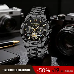 Men Skeleton Watches Stainless Steel Analog Quartz Moon Phase Male Watch