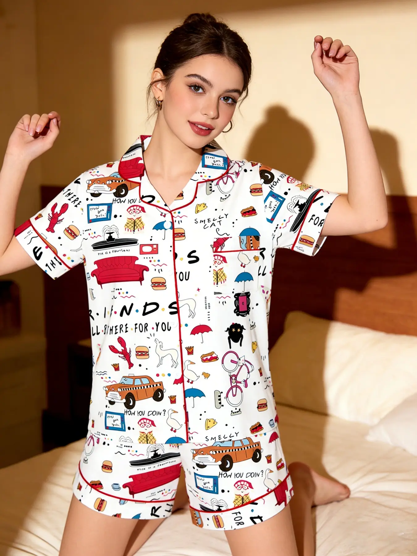 Women's Friends TV Show Sleepwear Loungewear Set, Two-Piece with Short Sleeves & Shorts, Casual Homewear, All-Season Comfortable Fit Pajamas
