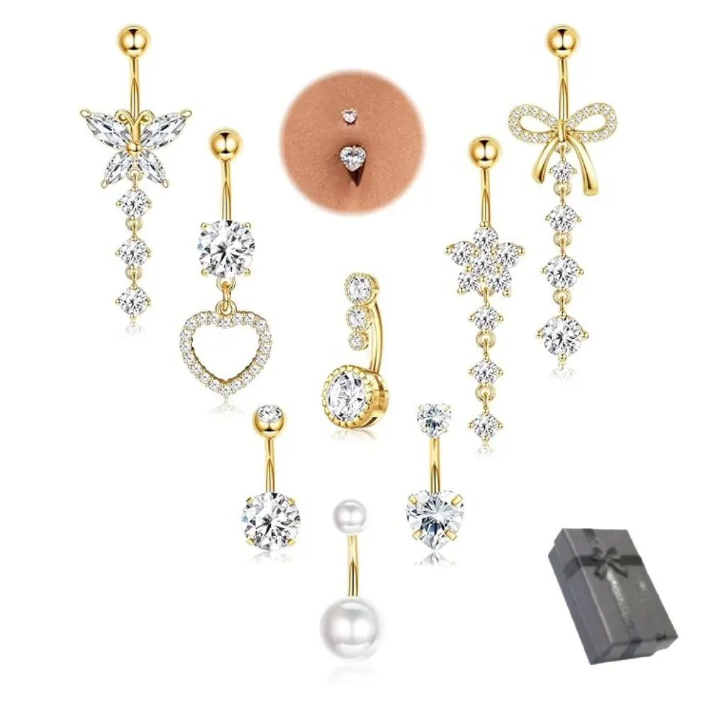8 Pcs Surgical Steel Dangle Belly Button Ring Piercing for Women | Hypoallergenic Long Belly Rings Gold Silver 14G Navel Button Piercing CZ Flower Heart Curved Navel Piercing Jewelry