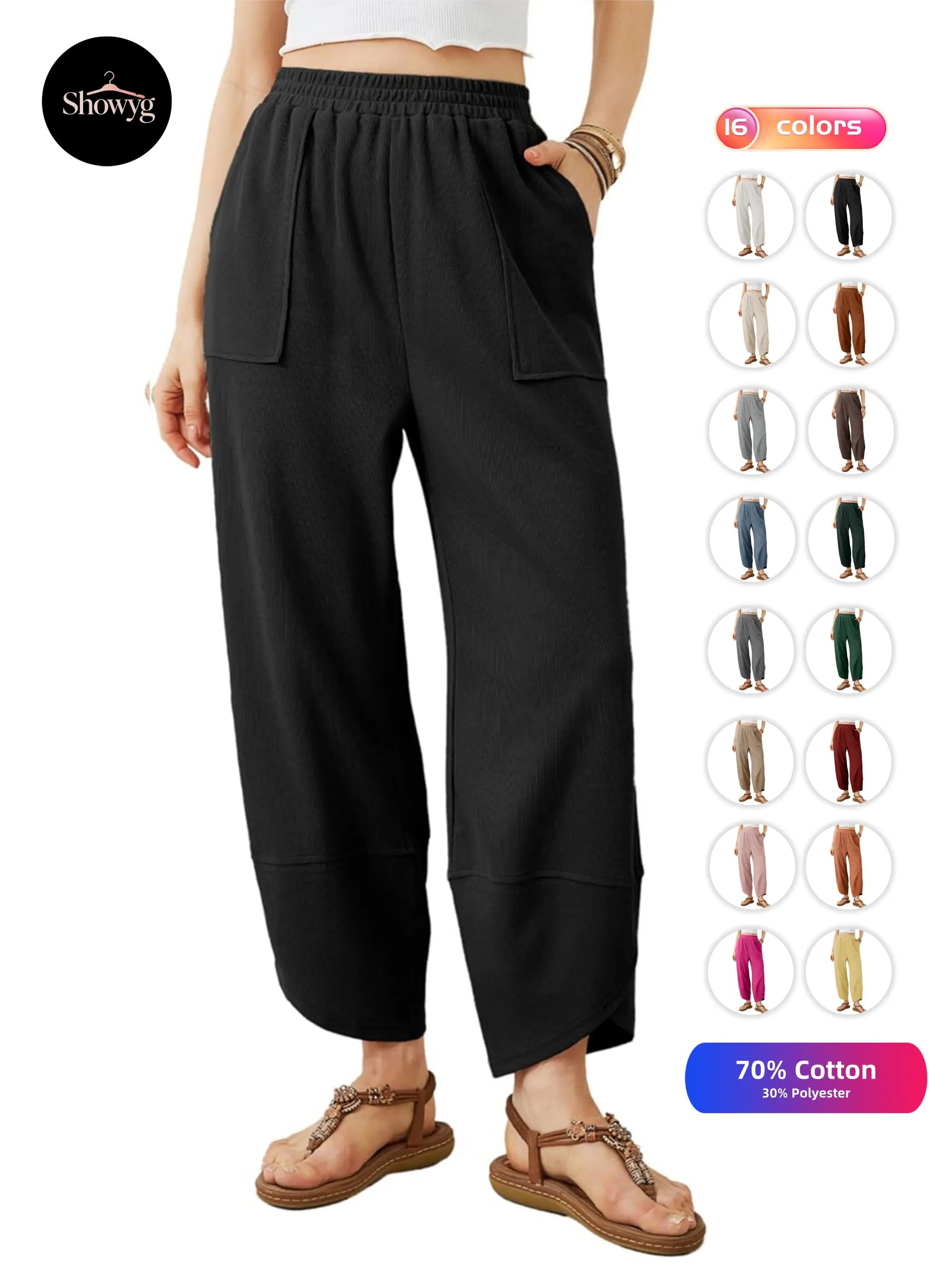 Showyg Women Cotton Pants Wide Leg Pants Casual Loose Baggy Elastic Waist Beach Palazzo Harem Pants Bottom