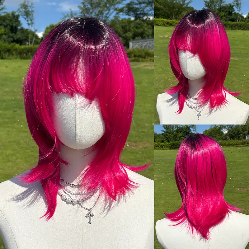 SMILCO 16Inch straight synthetic wig in black and fuchsia gradient, with bangs, no glue required, fully machine-knitted cap, adjustable strap, breathable cap, vibrant colors, soft texture SM625