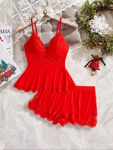 Women's Casual Christmas Strapless V-Neck Fitted Pajama Set Nightwear, Adjustable Thin Straps, Soft High Stretch Fabric, Perfect Holiday Gift