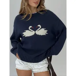 Women’s navy blue knitted sweater pullover with swan heart pattern, loose fit, long sleeves, casual knit, oversized off-shoulder design, warm and soft, retro aesthetic winter fashion top GARMENTARY