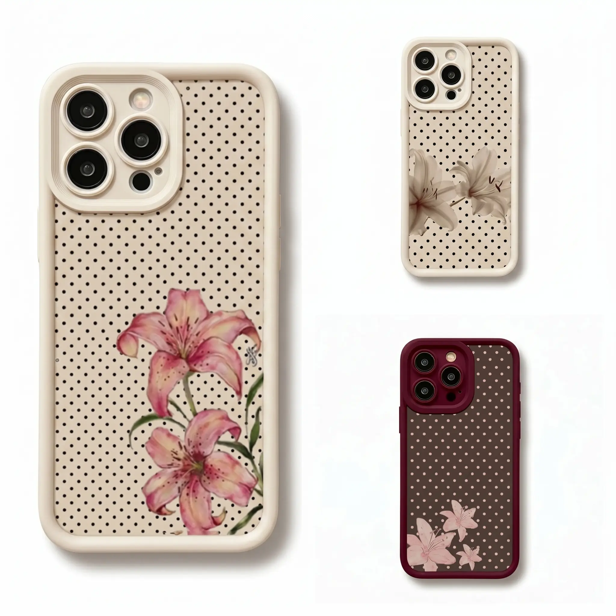 Lily Floral Polka Dot Phone Case - Vintage Aesthetic Gift for Her, Multi-Model Protect Cover, Phone Accessories Fits iOS iPhone 11,12,13,14,15,16,17 Pro Max Series, Trendy Protective Design, Iphone 16