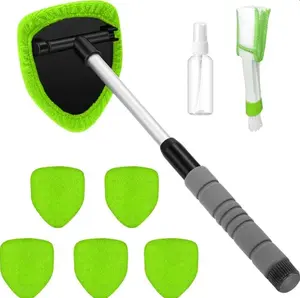 Car Window Cleaner Kit Extendable Handle Windshield interior cleaning Tool with 6 Reusable Microfiber Pads with Air Vent Brush & Empty Spray Bottle,Extendable Microfiber Windshield Cleaner Kit