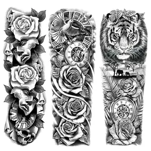 3 Sheets Full Arm Temporary Tattoo Stickers, Tiger Dove Clock Flower Designs, Waterproof Realistic Fake Tattoos for Men Women, Body Fake Tattoos