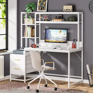Emoottoo TB-J0257 55 in. Computer Desk with Hutch - 2 Drawers & Open Shelves - White, Metal Frame, Dual Drawers