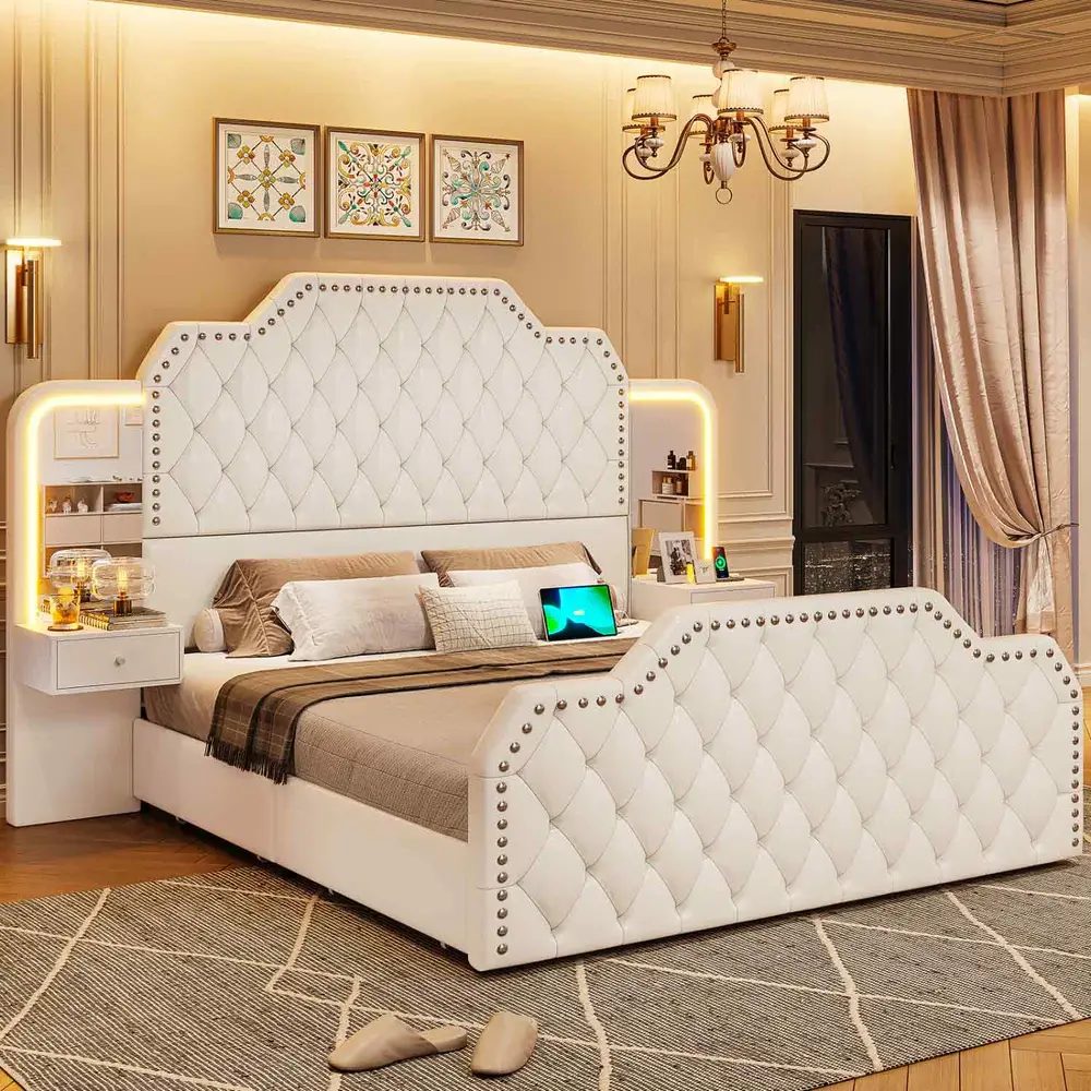 SIKAIC Queen Size PU Leather Upholstered Bed Frame with 2 Nightstands, Platform Bed with LED Headboard and Footboard, Modern Bedroom Set, Black/White, Bed Frames, Queen Bed Frame