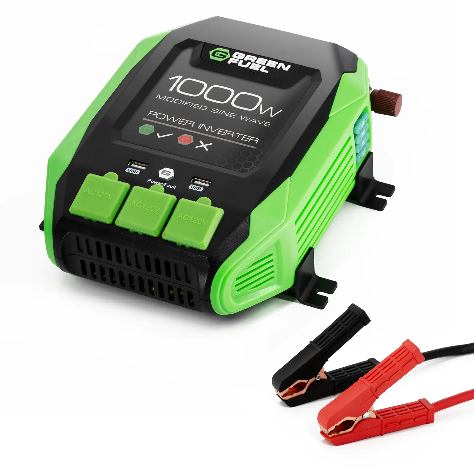 GREEN FUEL AD20003G 1000W Power Inverter, 2000W Peak, DC 12V to 120V AC, Dual USB 2.4A Ports, Mount Brackets Included