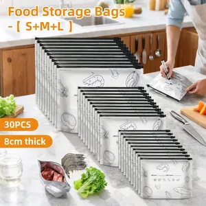 30/60/90PCS Reusable Aluminum Foil Sealable Storage Bags, 2025 New Resealable Vacuum Zipper Pouches for Food, Stand Up Foil Sealable Bags with Label and Zip Lock for Vegetable Fruit Meat (1 Boxd 3 Size)