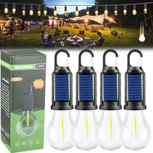 4 PCS Portable Solar LED Camping Tent Lights, Type-C Rechargeable, IPX4 Waterproof Emergency Lamps with Hooks for Hiking, Hurricane Survival
