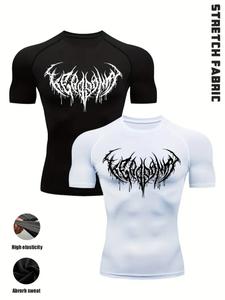 2pcs men's gothic gym t-shirts - wing print, anti-slip seams for intense training, stretch fabric, slim fit, black & white, polyester blend workout tops for fitness, bodybuilding & streetwear