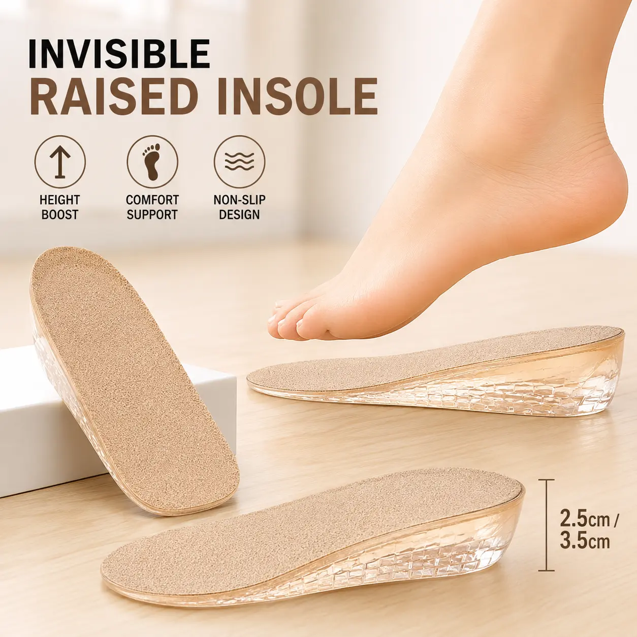 1 Pair Invisible Silicone Heel Lift Inserts, Self Adhesive Height Increase Pads for Men & Women, Soft Cushioned Comfort for Sneakers, Boots & Casual Shoes