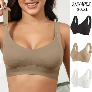 EssElegance  2/3/4PCS  Ribbed Push-Up Seamless Bra Set Soft Comfortable - Solid Four-breasted Adjustable Straps & Wire-Free Support for Daily Wear, Ultra-Soft Breathable Fabric,Bralette for women Full Coverage