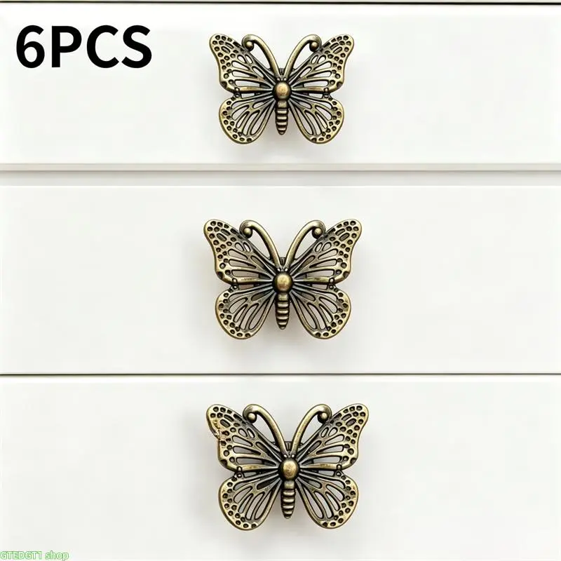 6-Pcs Antique Bronze Hollow Butterfly Doorknobs, Retro Metal Decorative Pull Handles, Easy-Install Versatile & Functional DIY Hardware for Dresser, Luggage Bag Charm Accessory