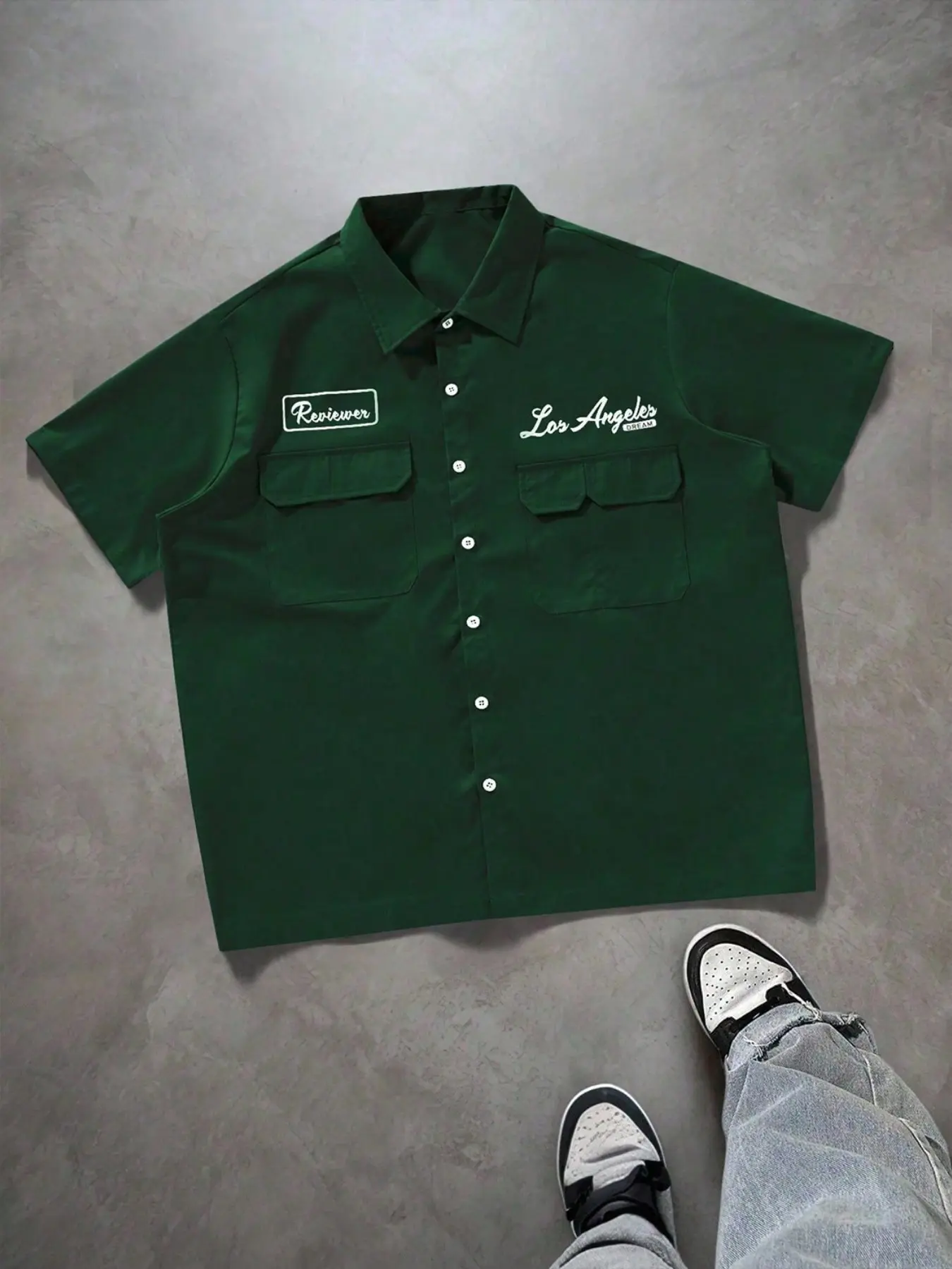 Men's Loose Fit Utility Pocket Design Casual Style Shirt, Button-Up Short Sleeve Shirt, Multi Pocket Casual Shirt, Graphic Los Angeles Reviewer Mechanic Shirt, Loose Fit Shirts
