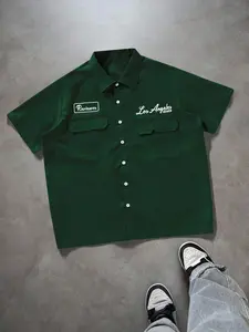 Men's Loose Fit Utility Pocket Design Casual Style Shirt, Button-Up Short Sleeve Shirt, Multi Pocket Casual Shirt, Graphic Los Angeles Reviewer Mechanic Shirt