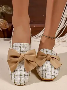 Women's New Rice Gold Line Small Charming Bow Mules, Plaid Checkered Design, Large Bow, Square Toe, Spring Summer Office Casual Shoes