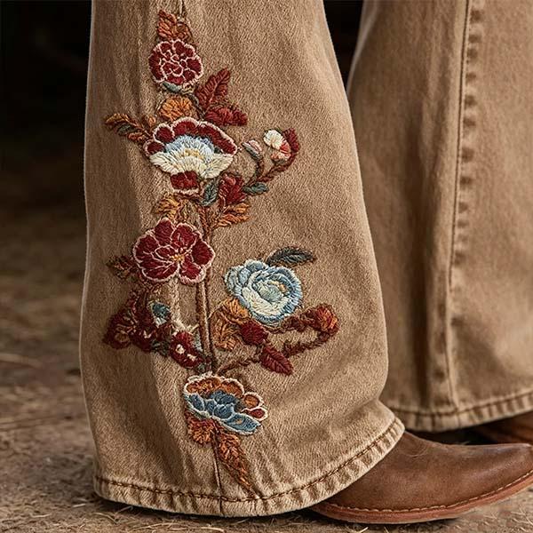 Vintage Embroidered Flare Jeans for Women, Western Style Slim Fit Casual Denim Pants