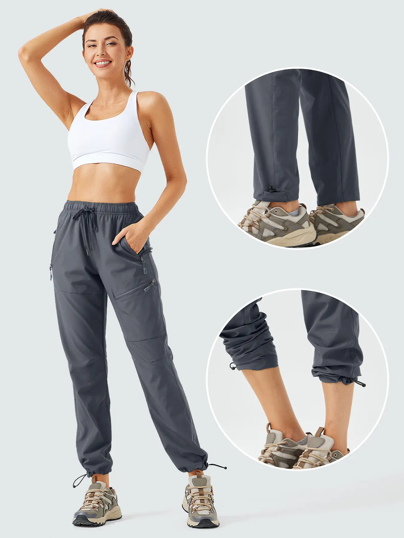 Women's Full-Length High Elastic Drawstring Waist Hiking Jogger Pants - Female Cut, Ankle Cuff, Zip Pocket, Quick Dry Lightweight Polyester Cargo Trousers, Customizable Fit for Outdoor Activities, All-Season Casual Wear