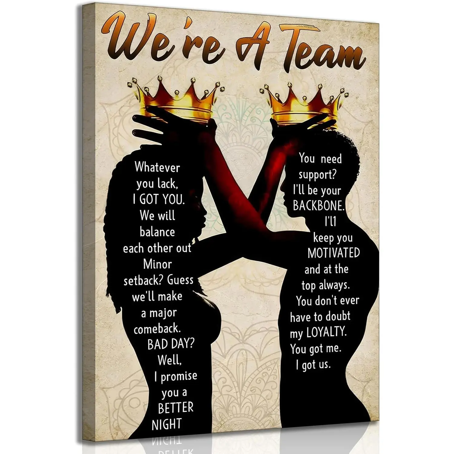 Inspirational African American Couple Canvas Wall Art Black Couple We Are A Team Motivational Quotes Painting Picture Wall Decor Poster Print Artwork for Living Room Bedroom Home Decoration