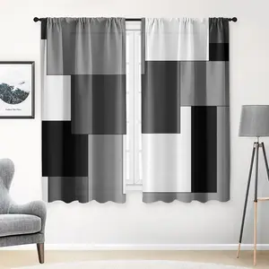 Black Grey Geometric Kitchen Curtains Set of 2, 42x63 Inch Length Gray White Curtains for Bedroom Living Room, Modern Abstract Kitchen Decor