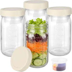 4 Pack Glass Salad Jars with Lids,32oz Mason Jars for Meal Prep,Leakproof Lunch Container with Two Small Built-in Boxes for Wet/Dry Separation of Salad Dressing and Dry Ingredients( Apricot White)