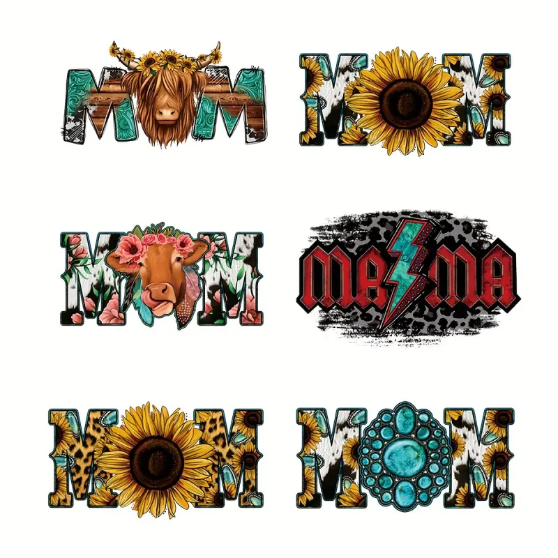 6 pcs/set Mommy-designed DIY Craft Iron-on DTF Transfer Stickers, Washable Heat Transfer Designs, Ready-to-Press Patches, PVC Transfer Patches, DIY for Clothing, T-Shirts, Masks, Jeans, Backpacks.