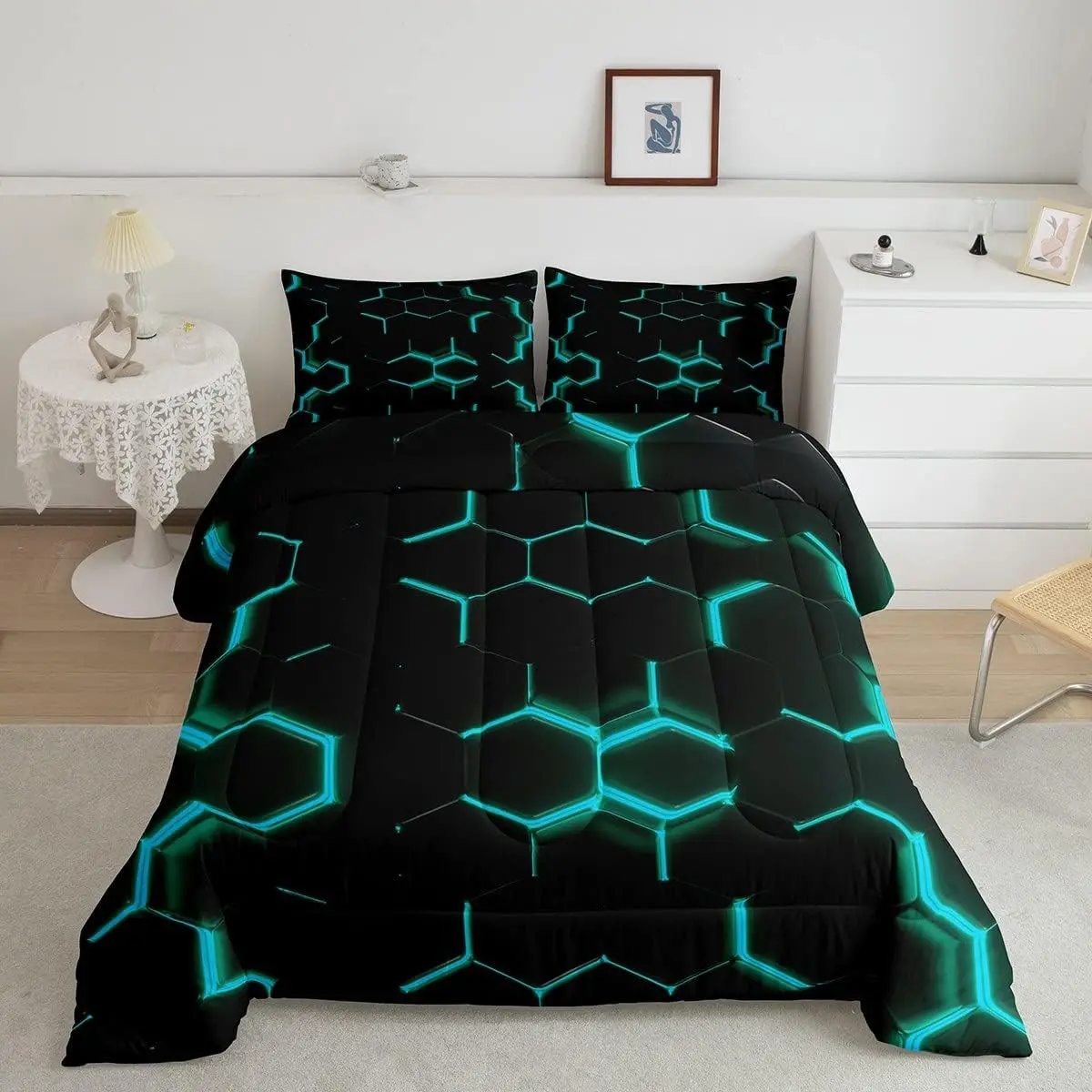 Feelyou Teal and Black Geometric Print Comforter Set - Hexagonal Honeycomb Bedding Quilt Set, Twin Size Bedroom Home Decor Soft Furnishings, Twin Size Set