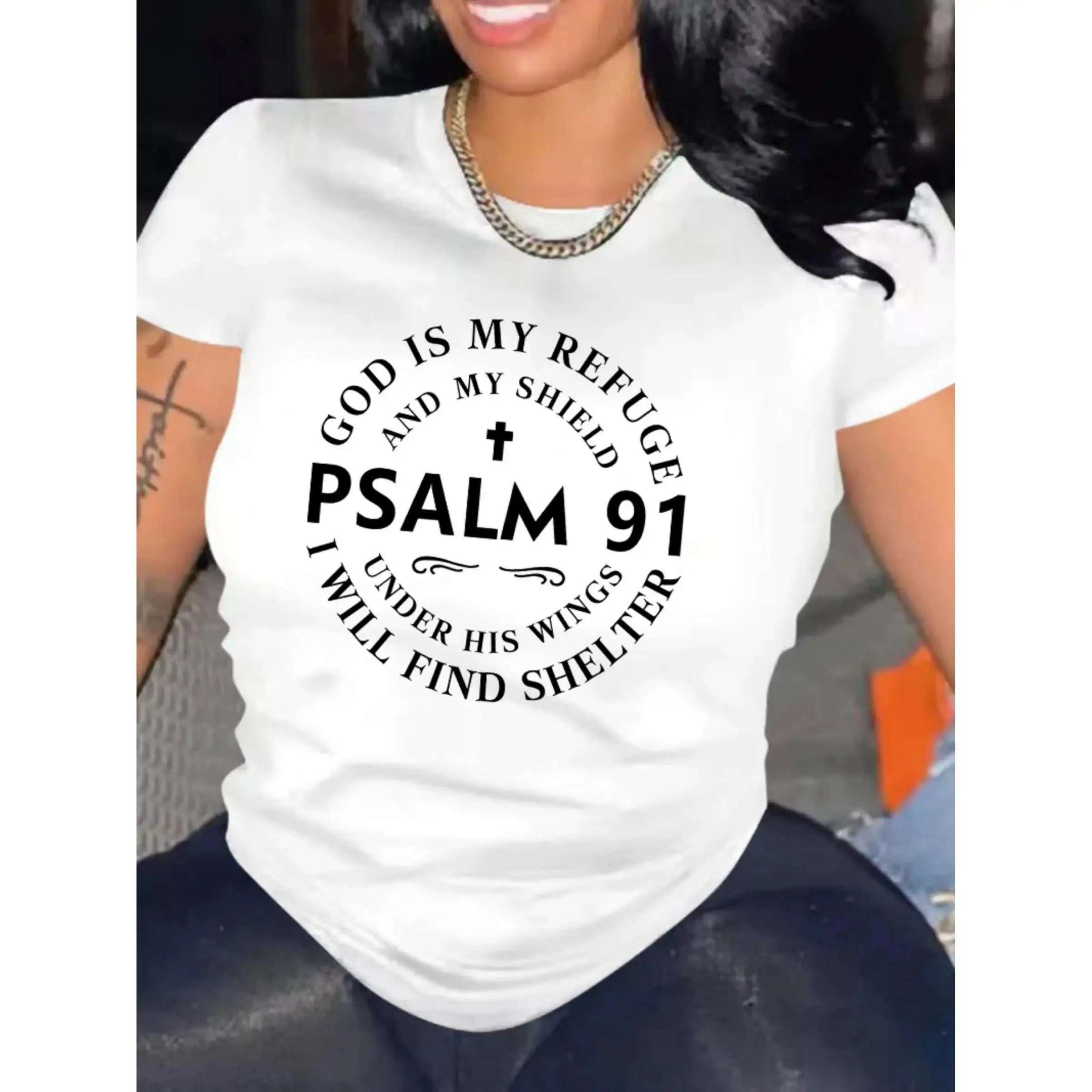 Women's Faith-Inspired Oversized Soft Cotton Graphic Tee - Casual Short-Sleeve Crewneck with Psalm 91 Faith Quote, Christian Style, True Size, Digital Graphic Print, Lightweight Streetwear Top