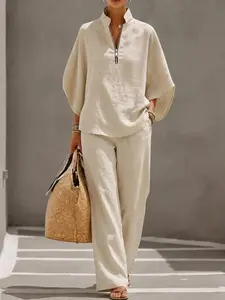 Women's Elegant Chic Two-Piece Set, Half-Zip Stand Collar Batwing Sleeve Top and Wide Leg Pants, Casual Summer Vacation Linen Style