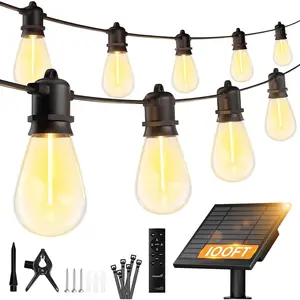 100FT Solar-String-Lights-Outdoor-Waterproof, 31+2LED S14 Shatterproof Bulb, Patio Lights with Remote Type-C Port Timable, 3 Light Modes Dimmable Solar String Lights for Outside, Yard, Camping
