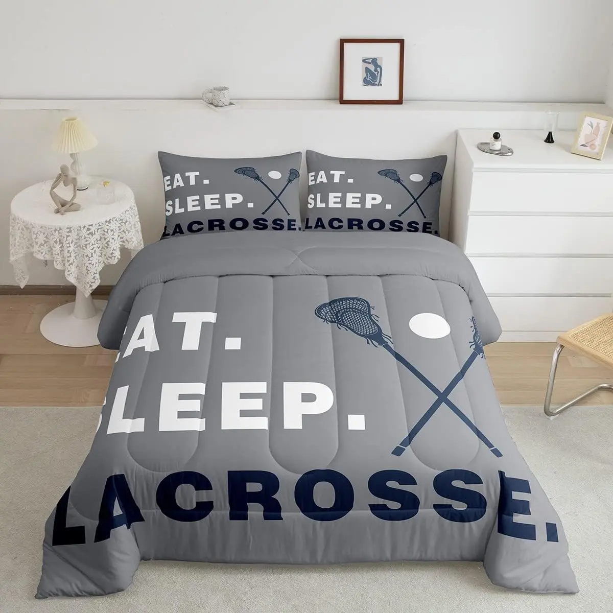 Girls' Ultra-Soft Geometric Lacrosse Print Gray Bedding Set - Multi-Size Luxury Comforter with Duvet, Blanket for Daughters, Bed Sets Supplies, Cozy Setup for Modern Bedroom, King/Queen Options, Machine-Washable Textiles, Washable Blankets