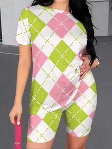 Women's Pink Green Grid Printed Casual Short Sleeve Round Neck T-shirt Shorts 2-piece Set