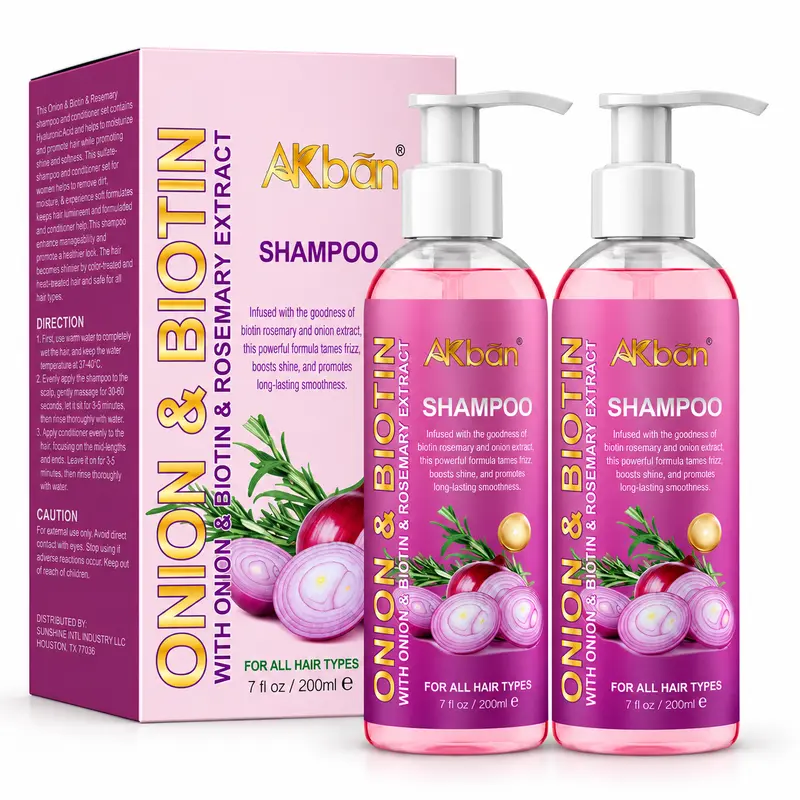 AKban Antihairfall Shampoo Set (2×200ml) - Onion Rosemary & Biotin Infused, Hydrating Strengthening Aroma Cleanser, Paraben-Free, Nourishing Repair for Curly, Wavy & All Hair Types, Jojoba Hydrate (Biotin Anti Hair Loss Shampoo & Conditioner Kits)