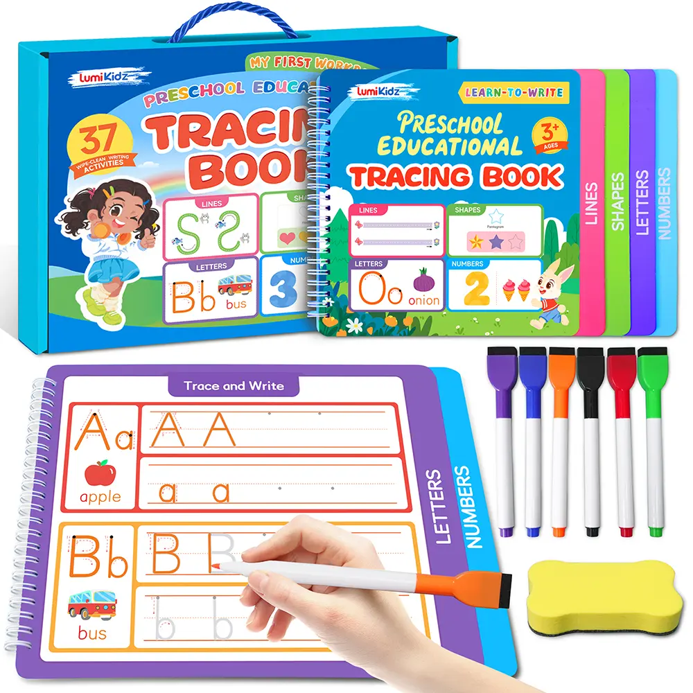 Preschool Educational Tracing Book, Reusable Grooved Handwriting Practice Workbook, Letters Numbers Shapes Drawing Training Book with Magic Pens Eraser, Learning Toy Gift for Toddlers Age 3-6