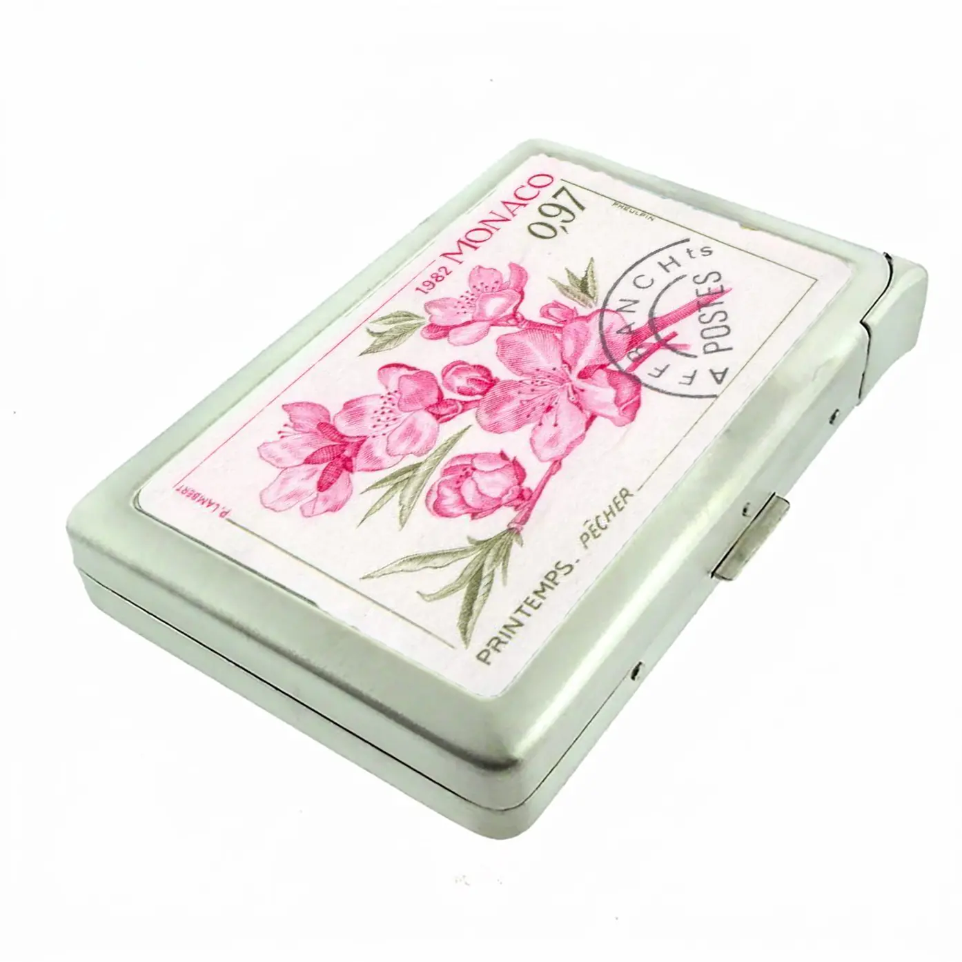 100'S SIZED Monaco Postal Stamp Pink Blossom Metal Case with Built in Lighter