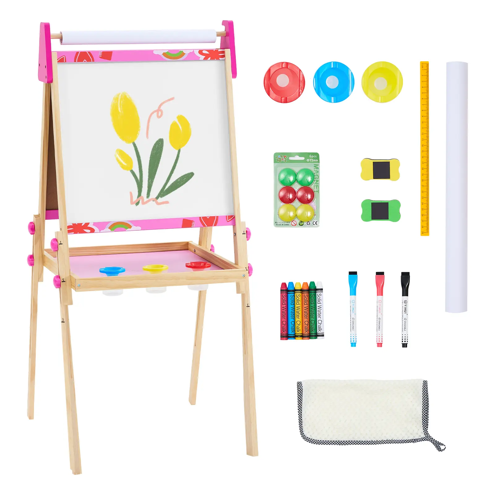 Sweetcrispy Unisex Kids' Adjustable Height Wooden Double-Sided Magnetic Chalkboard & Whiteboard Easel Set - Chalkboard Design, Erasable Drawing Boards, 3 Water-Based Markers, Art Kits, Paper Roll, Erasers - Educational Toy Gift for Ages 3+, Magnetic Board